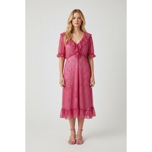 Per Una Pink Floral Ruffle Size 16 Midi Dress  Regular Short Sleeve V-Neck Boho